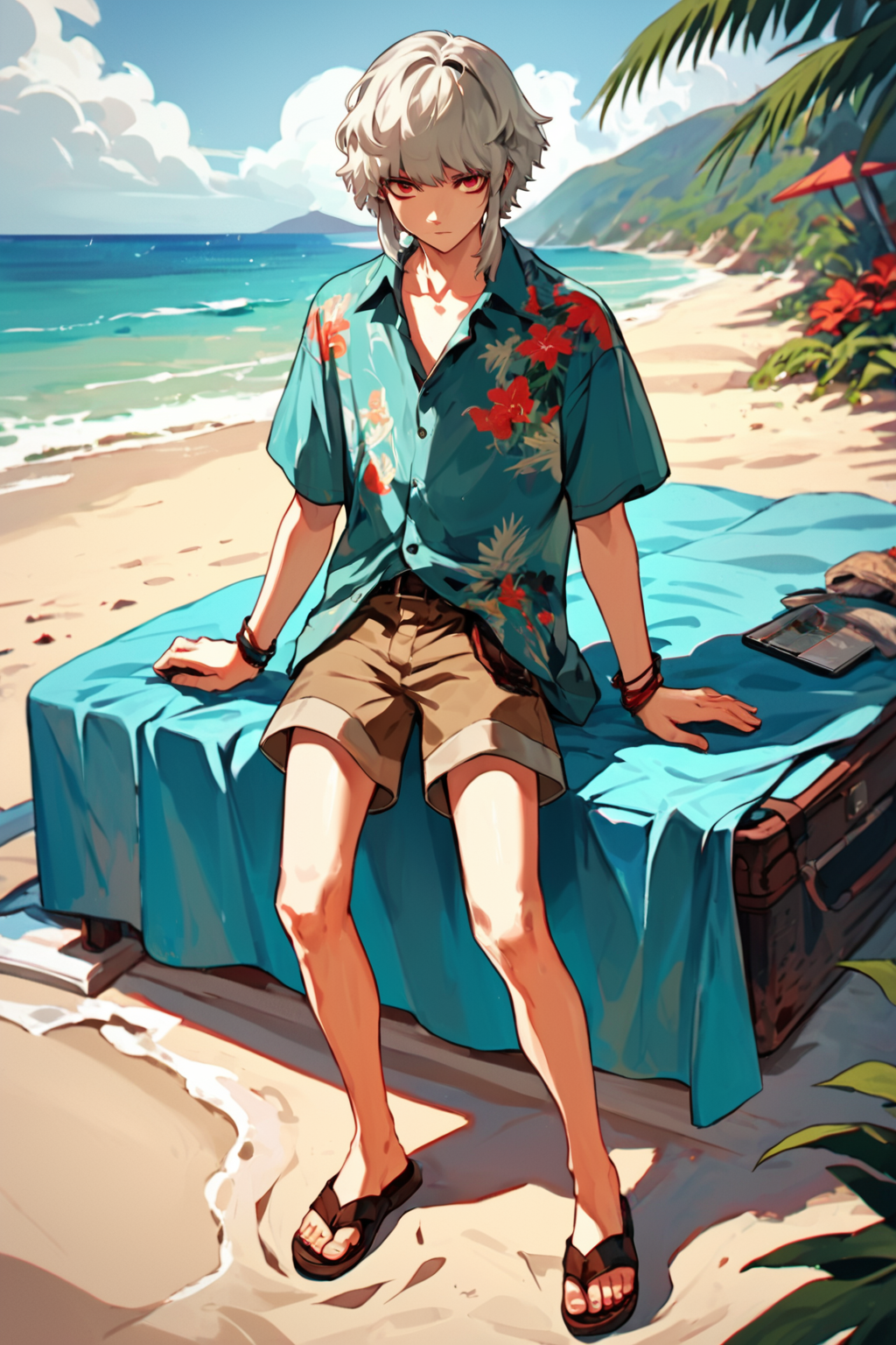 00774-1828415693-brother one, solo male focus, platinum hair, bob hairstyle, iridescent red eyes, tropical shirt, sandals, shorts, beach blanket,.png